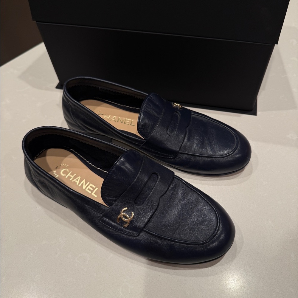 CHANEL Navy Blue Loafers with Gold Accent
